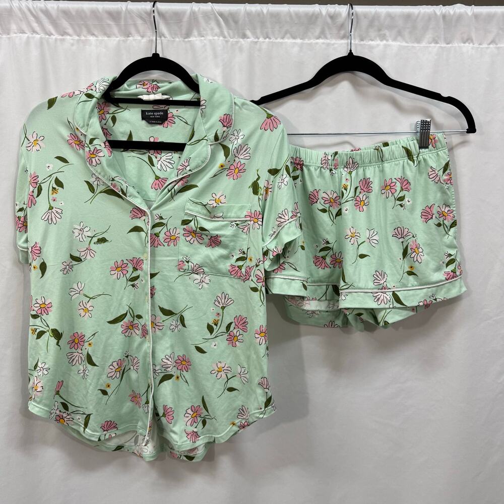 Kate Spade Short Sleeve Notch Boxer Mint Green Floral PJ Set Pajama Small